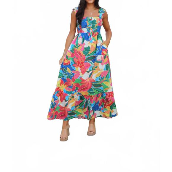 NEW SKIES ARE BLUE ruffle tie back maxi dress in multi - Picture 8 of 9